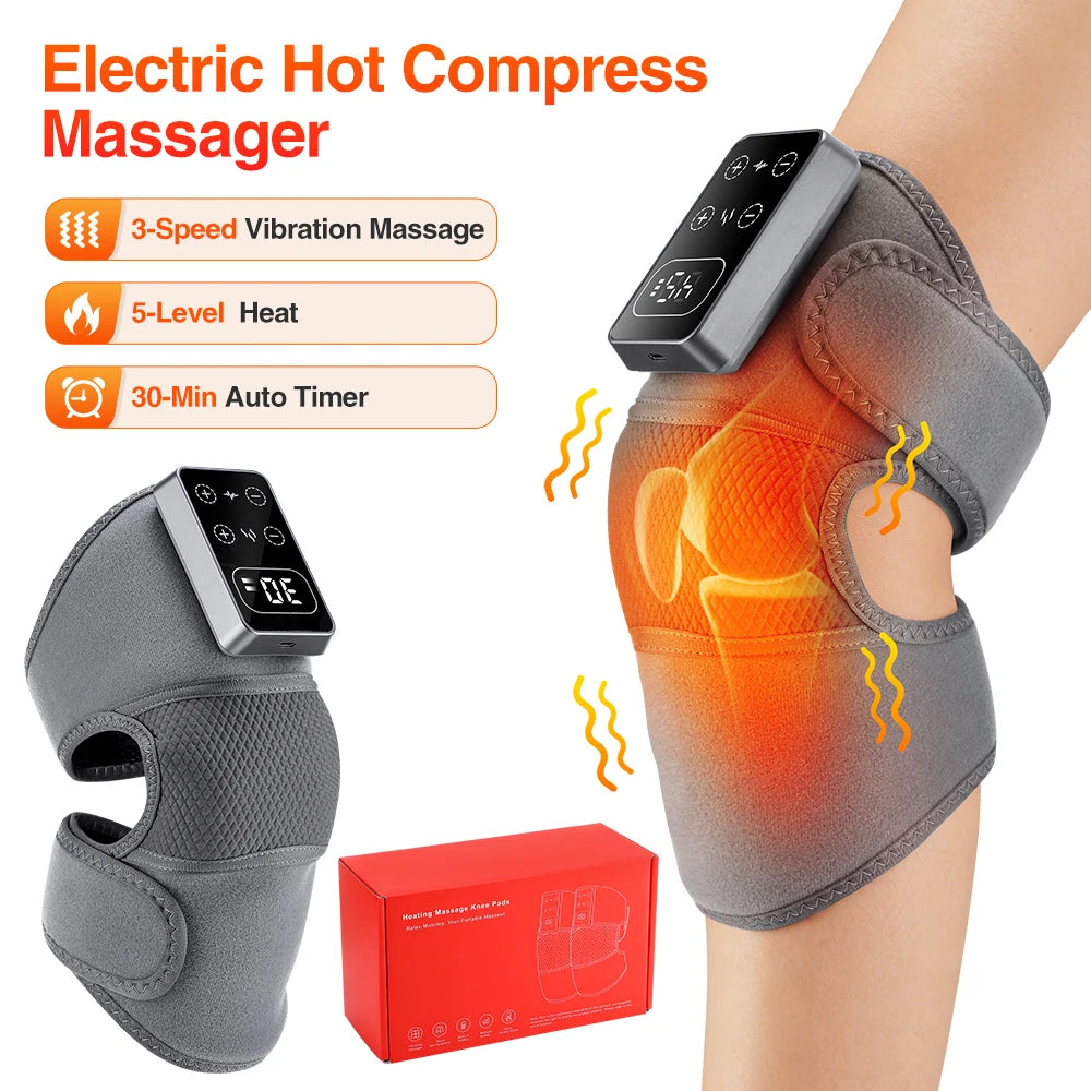Rechargeable Heating Massage Knee Pads, 5 Levels Hot Compress and 3/5 Levels Vibration Knee Brace Support Knee Warmer