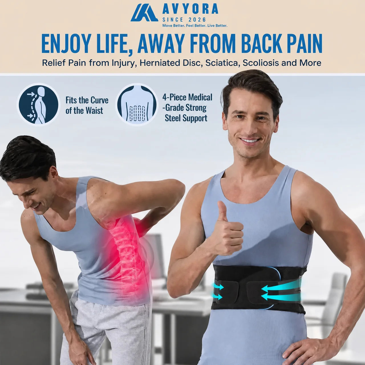 Avyora™ Lumbar Support Back Brace, Lumbar Belt Support - Lower Back Pain Relief Herniated Disc Sacral, Lifting Working Sports Large